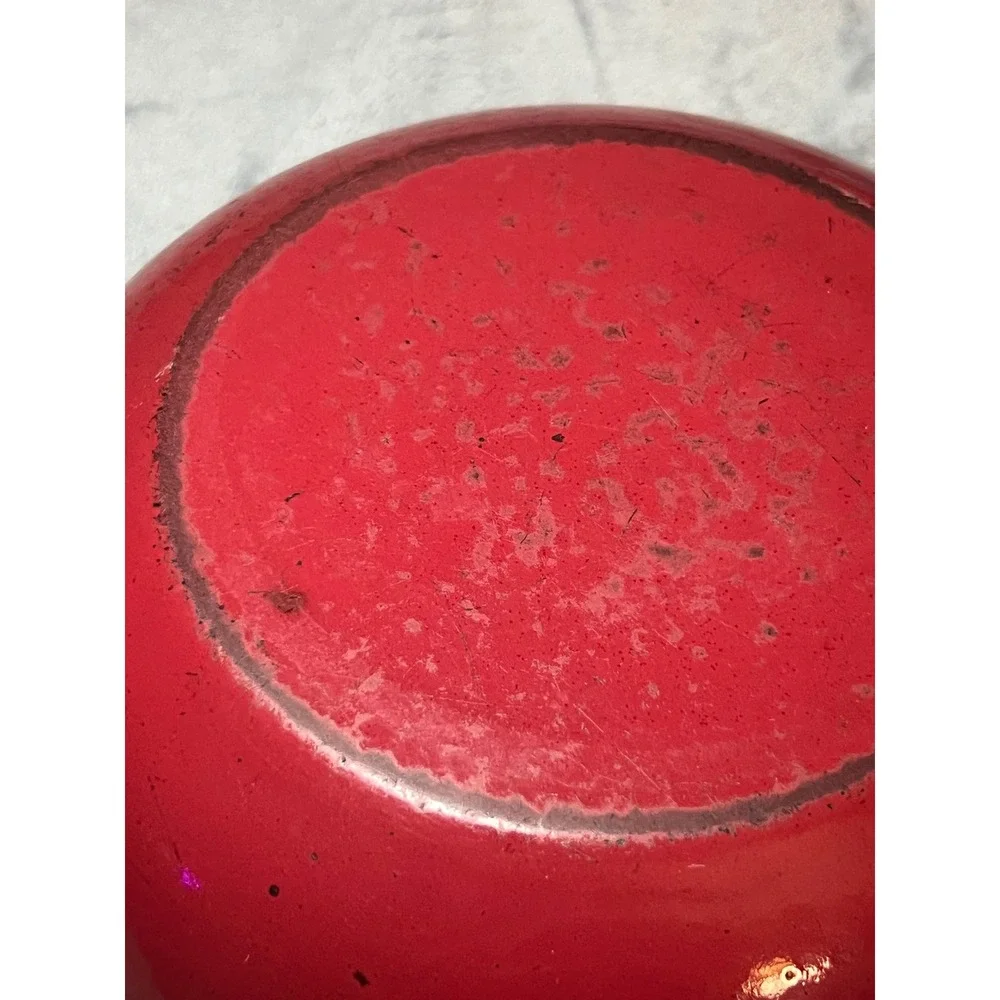Vintage French Red Enamel Cast Iron Skillet Cream Interior Hanging Handle